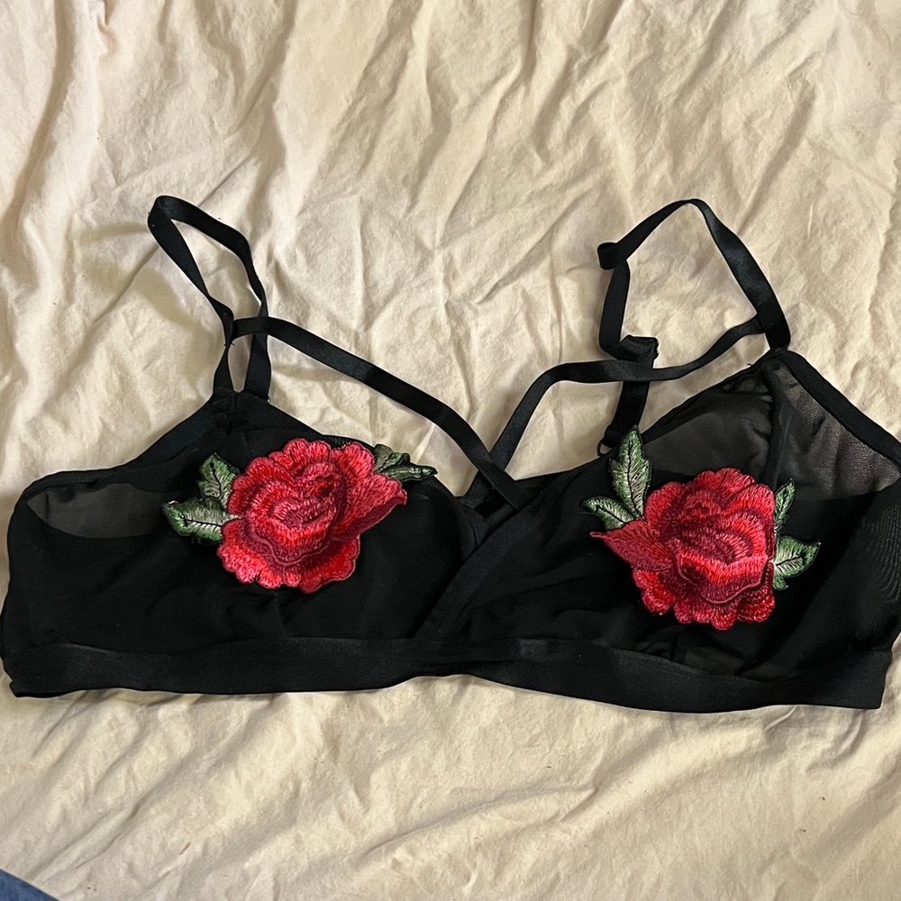 Torrid Black Bralette with Red Floral Embroidery 1
